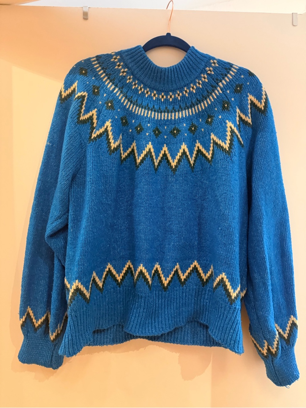 Who What Wear Blue Fair Isle Turtleneck Sweater with Gold and Cream Accents XXL